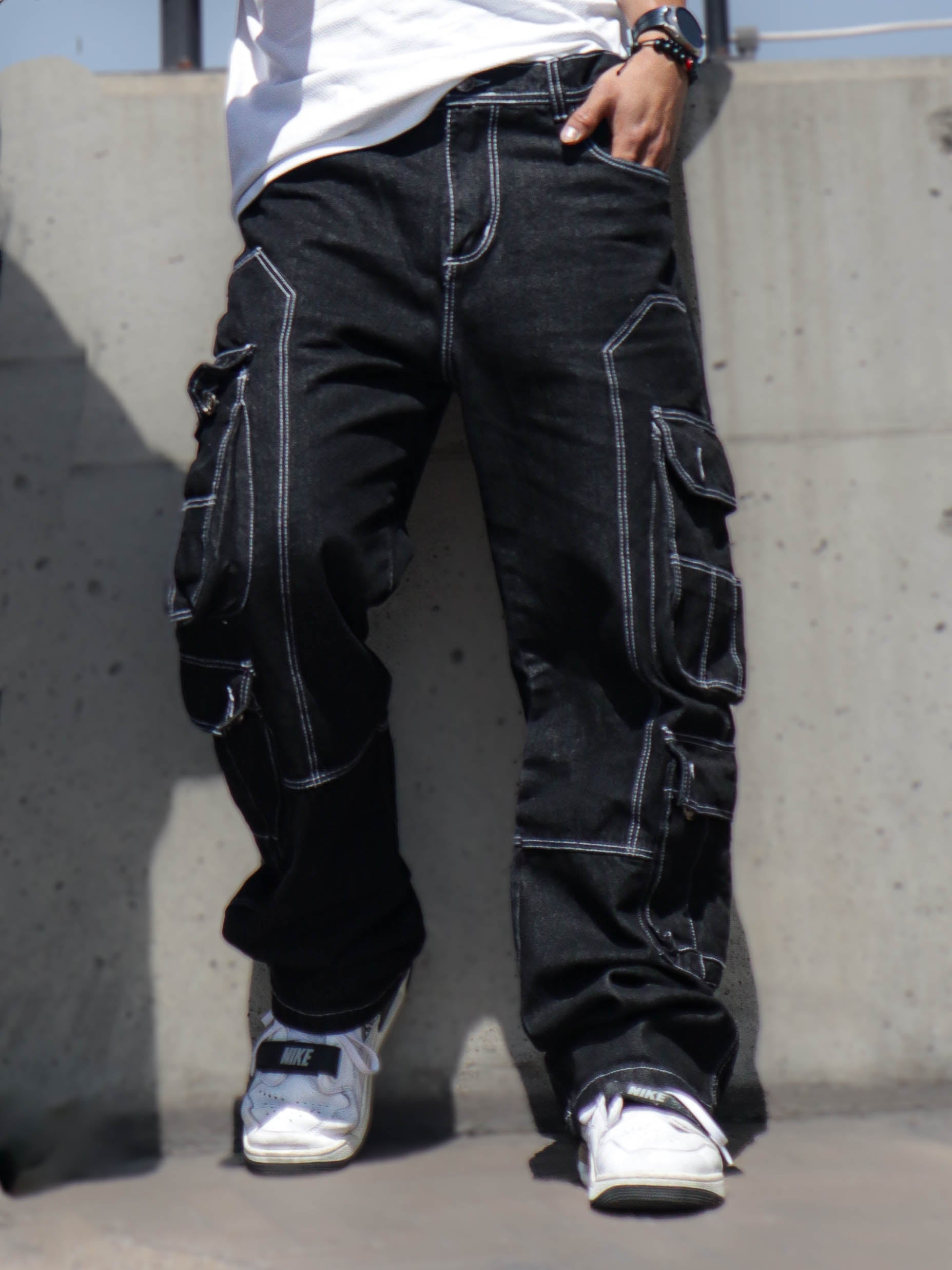 Jean Cargo Hombre Oversize Multibolsillo Negro