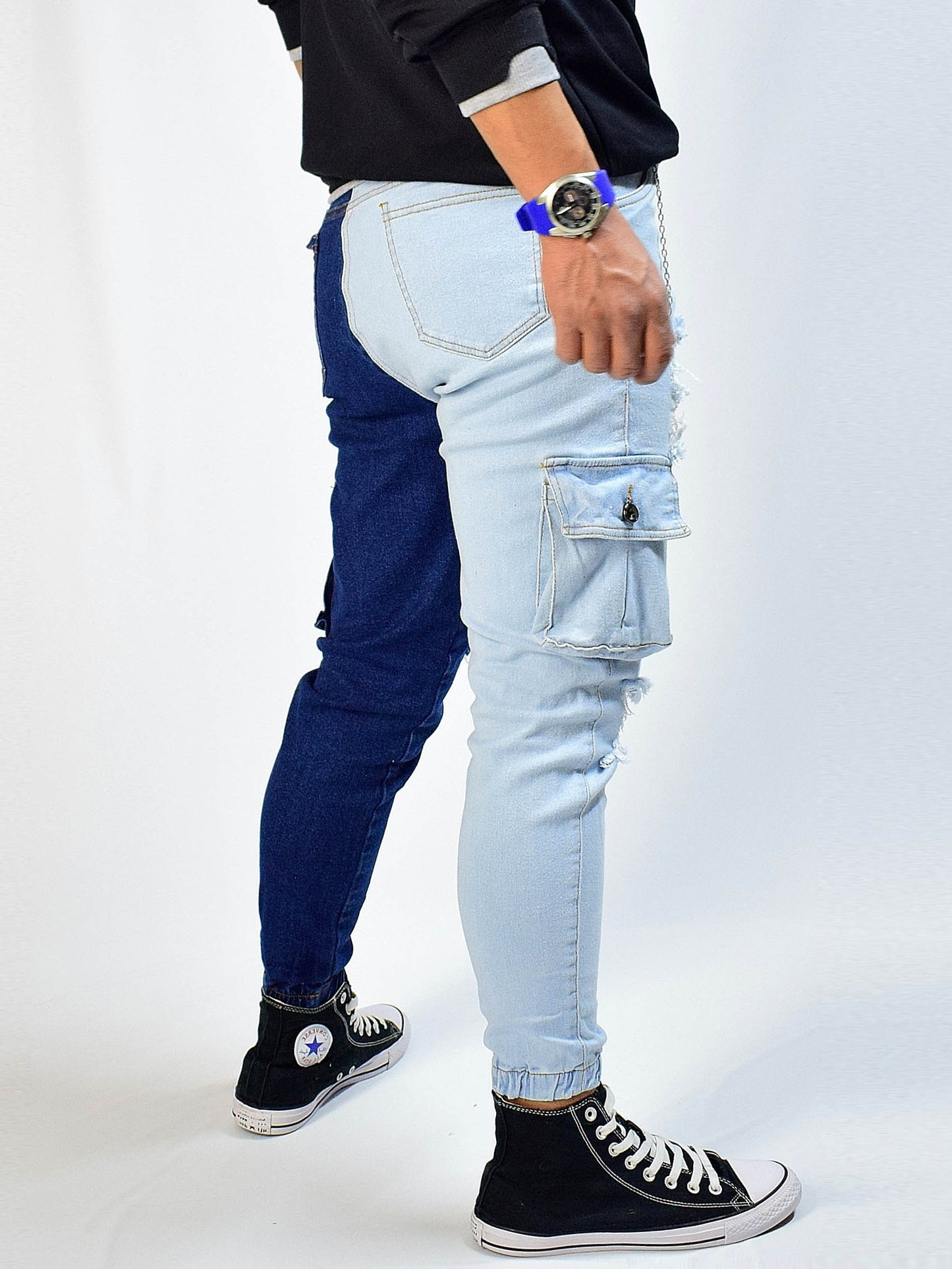 Pantalón Bicolor/ Dos tonos en Jean - Azul Claro Oscuro