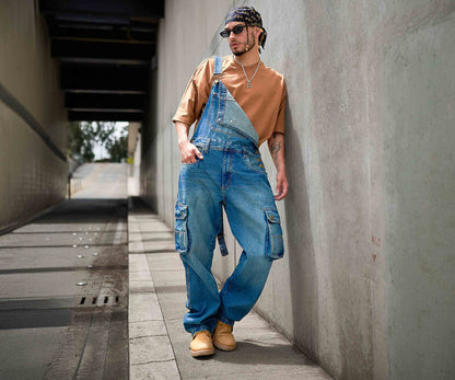 Overol Cargo Clásico Hombre Jean - Azul Medio Desgastado