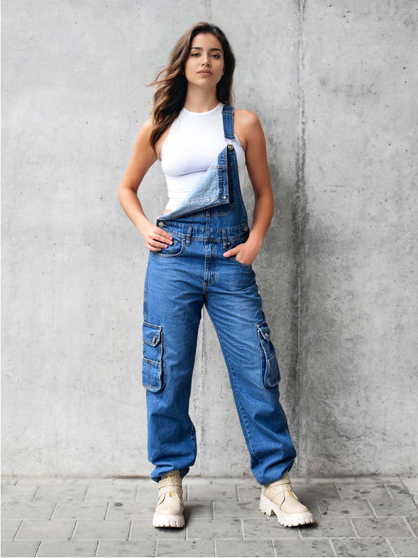 Overol Cargo Oversize Mujer en Jean - Azul Medio