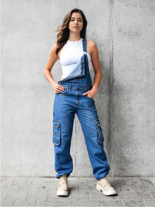 Overol Cargo Oversize Mujer en Jean - Azul Medio