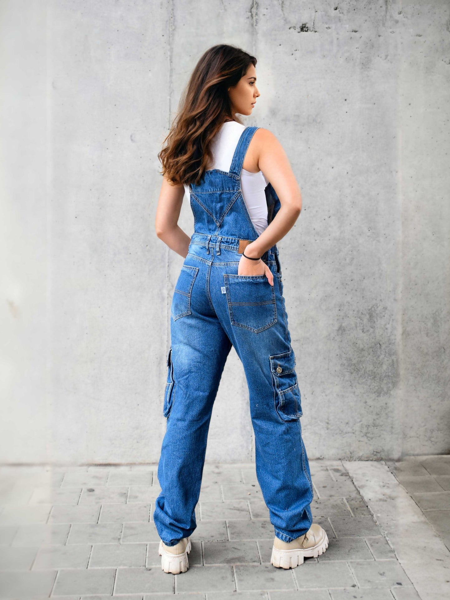 Overol Cargo Oversize Mujer en Jean - Azul Medio