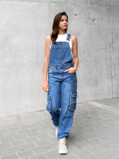 Overol Cargo Oversize Mujer en Jean - Azul Medio