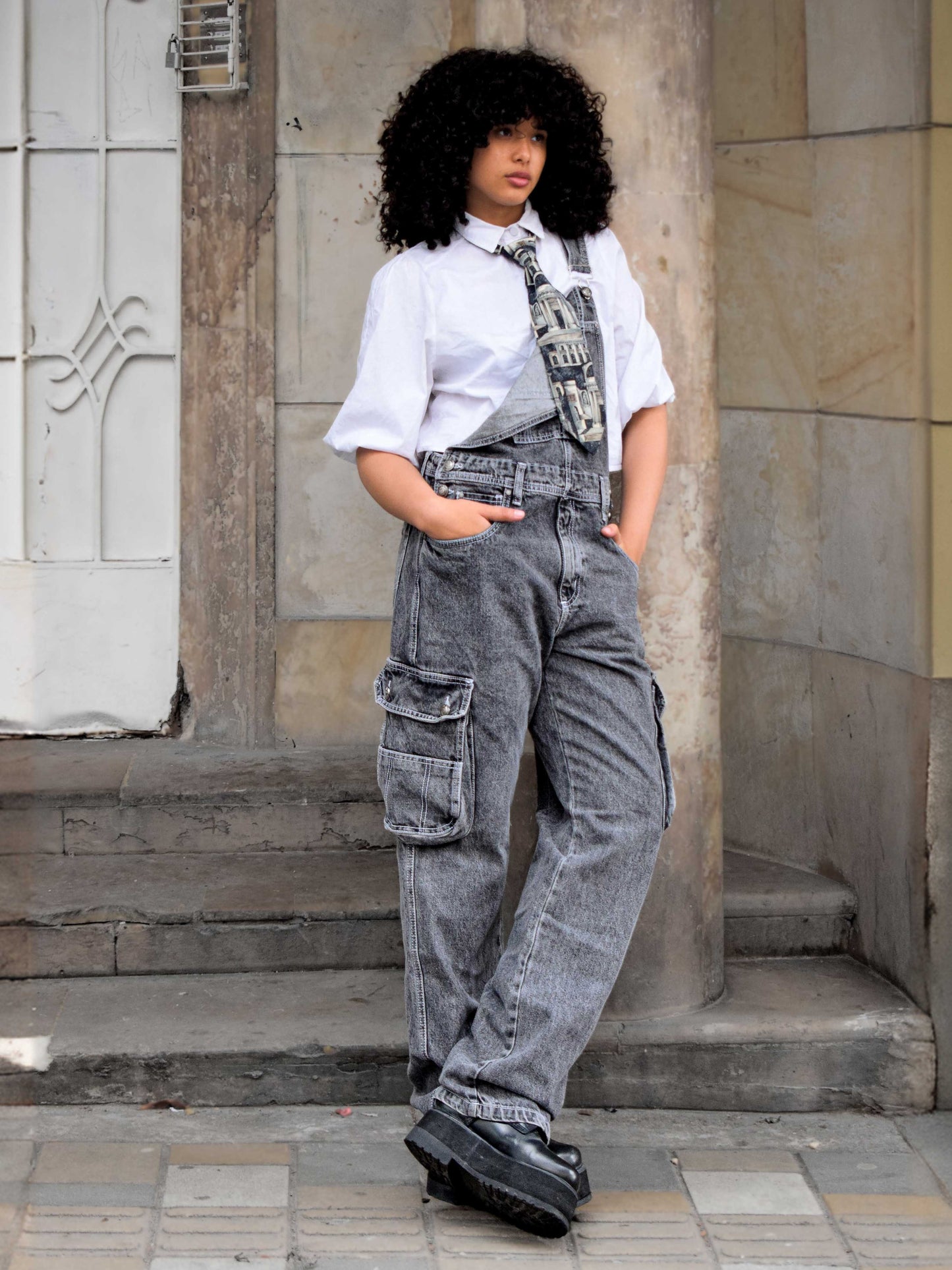 Overol Cargo Oversize Mujer en Jean - Gris