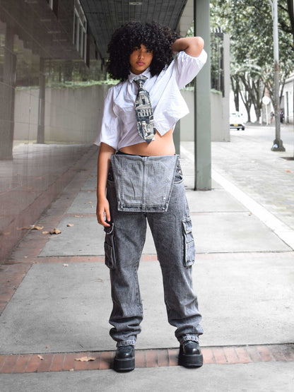 Overol Cargo Oversize Mujer en Jean - Gris