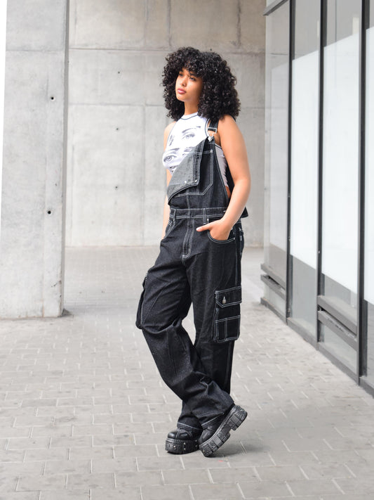 Overol Cargo Oversize Mujer en Jean - Negro Pimienta