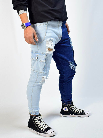 Pantalón Bicolor/ Dos tonos en Jean - Azul Claro Oscuro