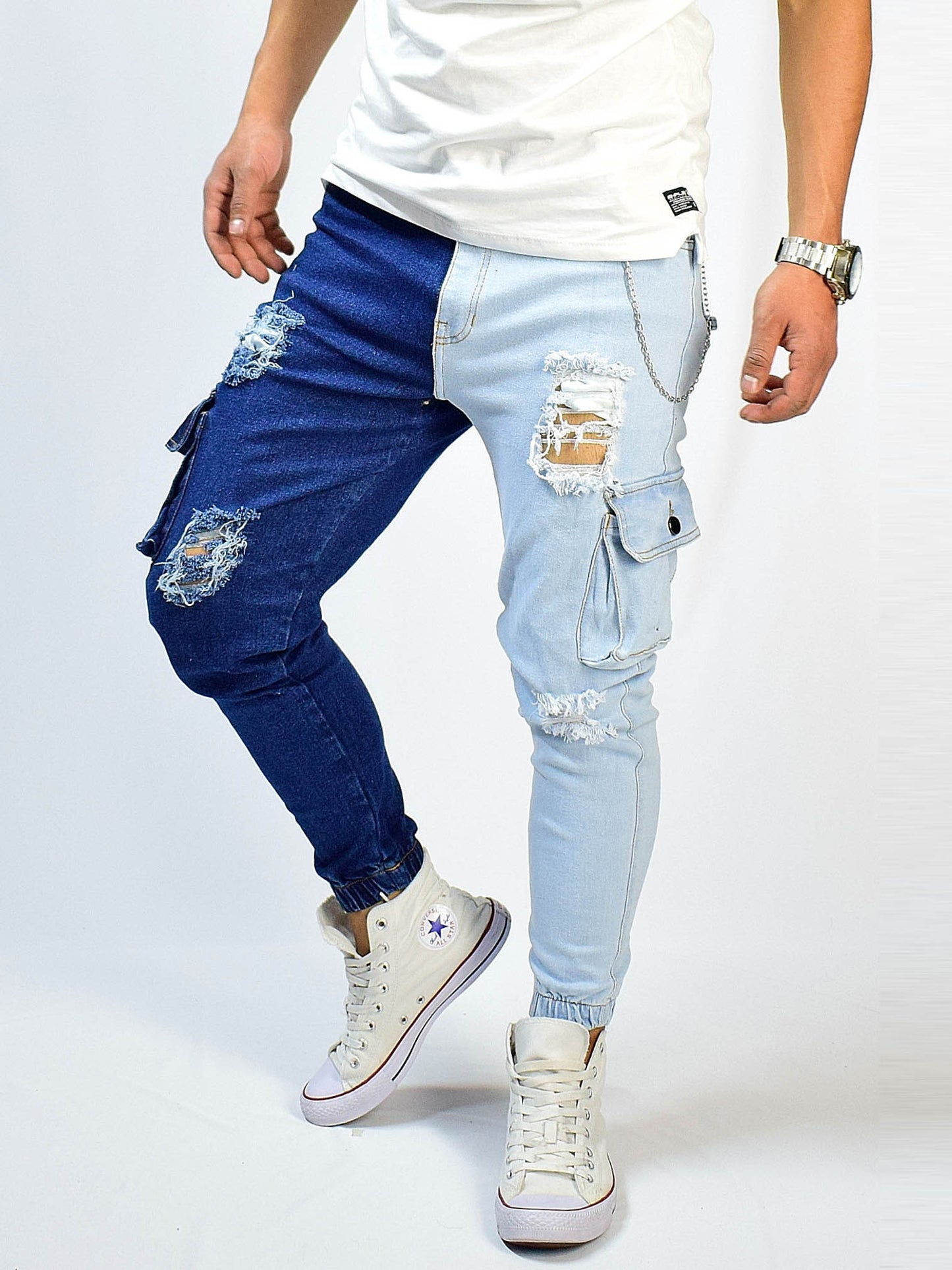 Pantalon Dos colores Hombre Jean Licrado bota resortada Azul